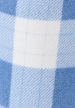 Tissu en polaire douce avec un grand motif à carreaux dans des nuances de bleu clair, blanc et bleu moyen.