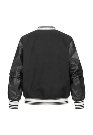 Zwarte bomberjack met een gladde, leerachtige textuur op de mouwen, wollen body en gestreepte geribbelde boorden en kraag.