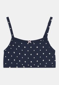 Sutien bleumarin cu buline albe, confectionat dintr-un material moale, are bretele subțiri și o fundiță roz la mijloc.