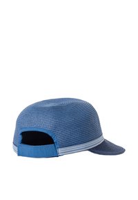 Blue woven cap with a rounded top, flat brim, and contrasting striped band. Features a fabric back strap for adjustment.