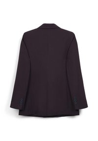 Blazer aderente di un viola scuro visto da dietro, con maniche lunghe e tre bottoni su ciascun polsino.