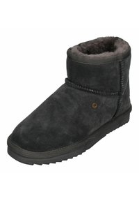 Schwarze Wildleder-Stiefelette mit einem weichen Futter aus Fell, runder Zehenpartie, genähten Details und einer strukturierten Gummisohle für besseren Halt.