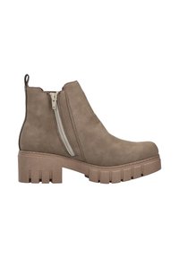 Bottine taupe épaisse avec fermeture éclair latérale, languette au talon, semelle épaisse crantée et talon bloc.