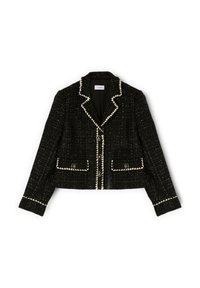 Blazer cropped in tweed nero con rifiniture bianche, colletto a punta, chiusura con bottoni e due tasche posteriori con pattina.