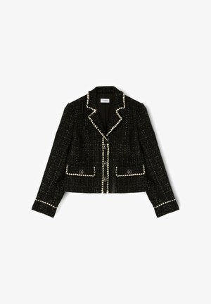 Zwarte tweed cropped blazer met witte bies, reverskraag, knoopsluiting aan de voorkant en twee vo pockets.