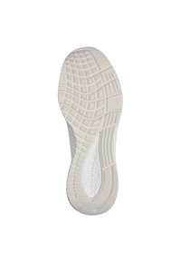 Såle av en sneakers, med et hvitt gummimateriale og et strukturert mønster av firkanter og spor for grep og støtte.