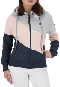 Felpa con zip caratterizzata da un design a blocchi di colore in grigio, rosa e blu navy. Realizzata in tessuto morbido, con cappuccio regolabile e tasche frontali.