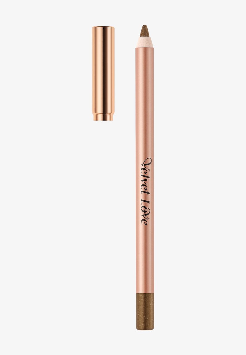 Crayon eye-liner en or rose avec une pointe marron et un capuchon assorti, marqué "Velvet Love" sur le corps, présenté sans capuchon sur fond blanc.