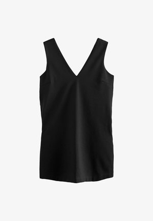 Haut noir sans manches avec un profond décolleté en V et une silhouette simple et ajustée sur fond blanc.