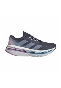 Scarpa da corsa da uomo con tomaia in rete blu navy, dettagli in lilla pastello, tre strisce bianche, una soletta imbottita e una suola in gomma testurizzata.