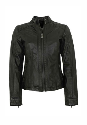 Schwarze Lederjacke mit hohem Kragen, Frontreißverschluss, seitlichen Taschen und genähten Details an Schultern und Ärmeln. Glatte Textur.