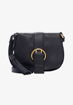 Skórzana torebka na ramię w ciemnym granatowym kolorze z teksturowaną powierzchnią, złotymi okuciami i przednią klapą. Posiada pasek z klamrą oraz regulowany pasek na ramię.