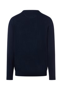 Strickpullover in Marineblau, lange Ärmel, runder Halsausschnitt, weiche Textur, gerippter Saum und Bündchen, einfarbig ohne sichtbare Muster oder Akzente.