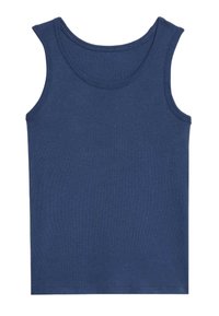 Top senza maniche blu navy realizzato in morbido cotone, con scollatura rotonda e ampie aperture per le braccia, caratterizzato da una consistenza liscia e cuciture uniformi.