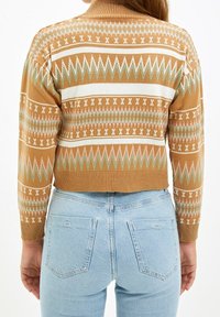 Brązowy sweter dzianinowy z geometrycznymi wzorami w kolorze kremowym, różowym i zielonym. Posiada wysoki kołnierz i skrócony krój. Noszony z jasnoniebieskimi dżinsami.