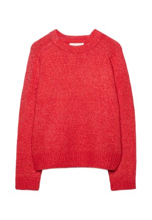 Červený pletený svetr s kulatým výstřihem, raglánovými rukávy a žebrovanými manžetami. Měkká textura a mírně volný střih.