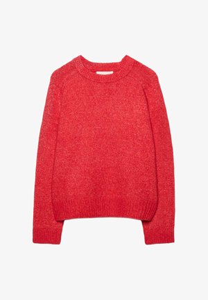 Červený pletený svetr s kulatým výstřihem, raglánovými rukávy a žebrovanými manžetami. Měkká textura a mírně volný střih.