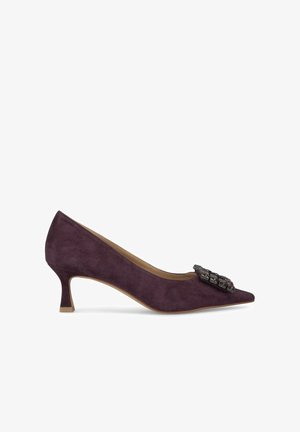 Purple suede pump with a pointed toe, low heel, and decorative black hardware on the front, featuring a smooth texture and classic design.
