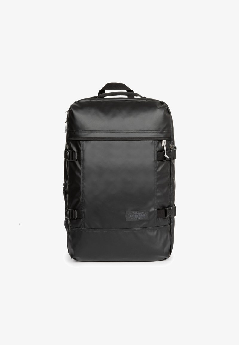 Black backpack made of smooth, durable material. Features adjustable straps, a front zip pocket, and a top carry handle.