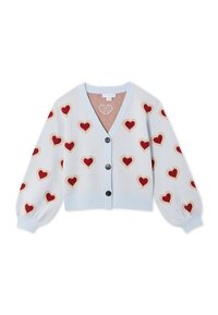 Ανοιχτό μπλε ζακέτα με κουμπιά και μακριά μανίκια, με σχέδιο από κόκκινες καρδιές περιγραμμένες σε μπεζ σε όλη την επιφάνεια.