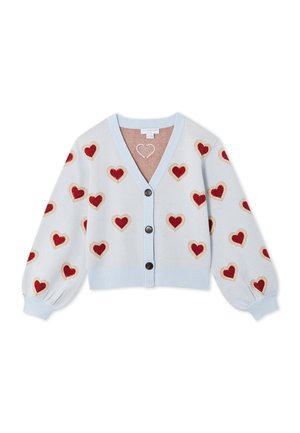 Ανοιχτό μπλε ζακέτα με κουμπιά και μακριά μανίκια, με σχέδιο από κόκκινες καρδιές περιγραμμένες σε μπεζ σε όλη την επιφάνεια.
