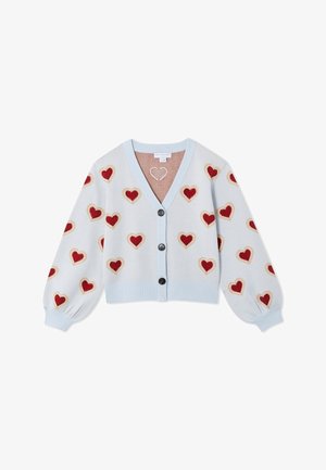 Light blue buttoned cardigan with long sleeves, featuring a pattern of red hearts outlined in beige all over.