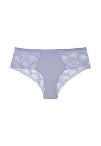 Culotte en dentelle lavande avec un panneau central uni, des côtés en dentelle géométrique détaillée et une taille délicatement festonnée.