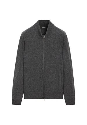 Dark gray zip-up wool cardigan with long sleeves and a ribbed high collar, laid flat on a white background.