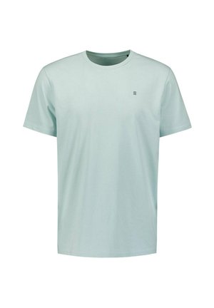 Lichtgroene katoenen T-shirt met een ronde hals, korte mouwen en een klein logo-patroon op de borst. Soepele textuur, casual ontwerp.