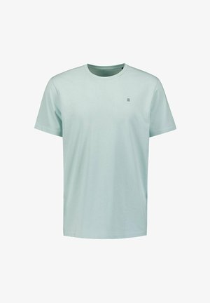 Lichtgroene katoenen T-shirt met een ronde hals, korte mouwen en een klein logo-patroon op de borst. Soepele textuur, casual ontwerp.