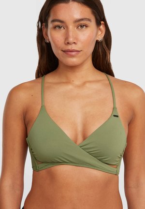 Oliwkowy top od bikini z wiązaniem, cienkimi ramiączkami i wycięciami po bokach. Wykonany z gładkiego, elastycznego materiału.