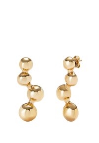 Boucles d'oreilles en métal doré présentant un design unique de perles sphériques interconnectées de tailles variées et de textures lisses.