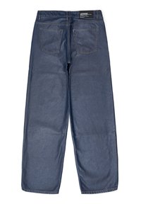 Denim trousers in a dark wash with a relaxed fit, featuring two back pockets, contrasting stitching, and a branded waistband label.