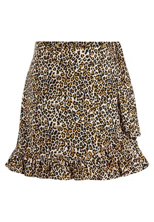 Leopardprintet nederdel med flæsekant, elastik i taljen, lavet af let stof i nuancer af sort, brun og creme.