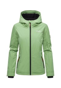 Žalia zip-up striukė su gobtuvu, turinti juodą pamušalą, šonines kišenes ir kontrastingus užtrauktukus. Lygus paviršius su lengvu apdaila.