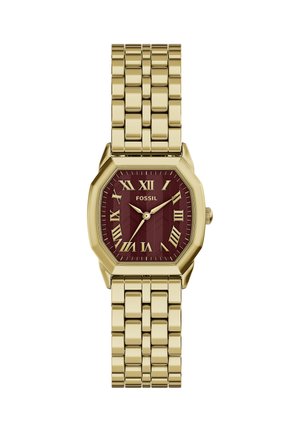 Goldene Metall-Armbanduhr mit Gliederarmband, rotem achteckigem Zifferblatt, römischen Zahlen und goldfarbenen Stunden-, Minuten- und Sekundenzeigern, die 10:09 anzeigen.
