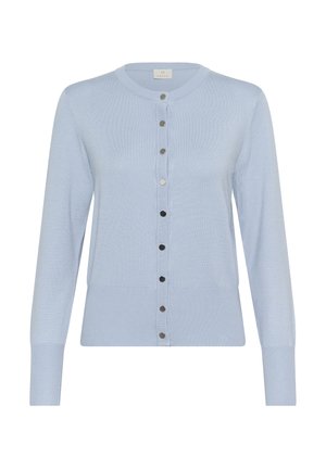 Cardigan lavorato a maglia azzurro chiaro con scollatura rotonda, chiusura con bottoni e maniche lunghe. Presenta bottoni tono argento lungo la chiusura.