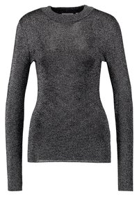 Pull à manches longues noir avec un éclat métallique, présentant un col rond et une silhouette ajustée, fabriqué à partir d'un tissu doux et extensible.