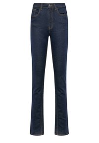 Ciemnoniebieskie dżinsy o slim fit, z pięcioma kieszeniami, złotą nicią, zapięciem na guzik i prostymi nogawkami.