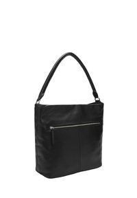 Czarna skórzana torebka na ramię z pojedynczym paskiem, o prostokątnym kształcie, gładkiej teksturze i przednią kieszenią na suwak.