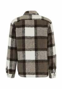 Checkered flannel shirt in brown, white, and gray. Features a collar, long sleeves, and buttoned cuffs. Soft, textured fabric with large squares.