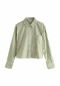 Chemise à manches longues boutonnée avec rayures verticales vert olive et blanches, col pointu, poche poitrine et ourlet court.
