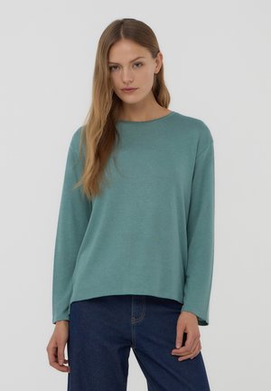 Top turchese a maniche lunghe realizzato in tessuto morbido, con scollatura rotonda e taglio comodo, abbinato a jeans blu scuro. Design semplice, senza fantasie.