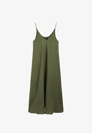 Abito lungo senza maniche verde oliva con sottili spalline e scollatura a V, silhouette fluida e ampia, realizzato in tessuto liscio e leggero.