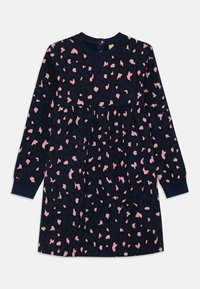 Abito a maniche lunghe di colore blu navy con stampa leopardata rosa, caratterizzato da una vita arricciata e polsini e scollatura a coste. Tessuto morbido e elasticizzato.