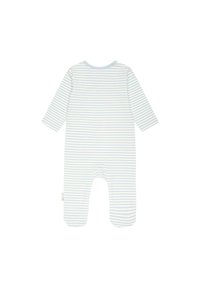 Body neonato a righe con maniche lunghe in azzurro chiaro e bianco, con una consistenza morbida e leggera e un collo rotondo.