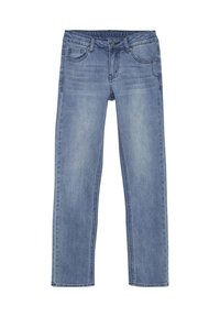 Ljusblå jeans i denim som har en rak bendesign, framfickor och en knäppning med en logga på midjebandet.