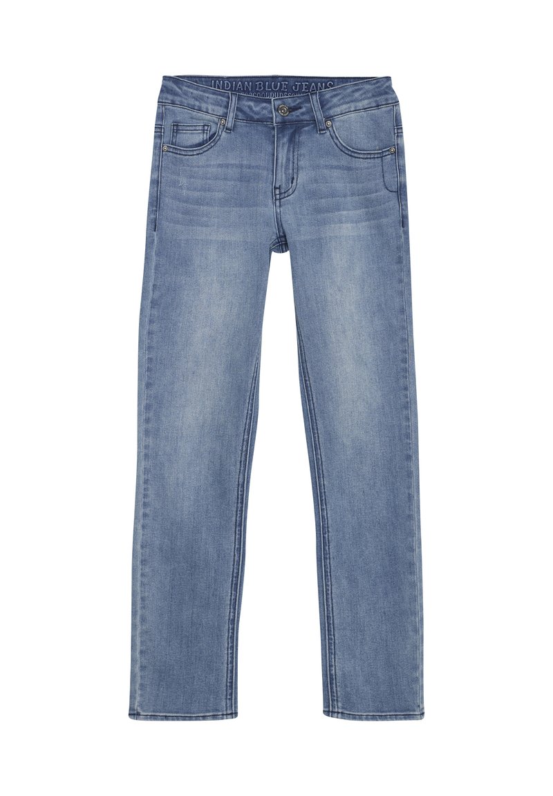 Ljusblå jeans i denim som har en rak bendesign, framfickor och en knäppning med en logga på midjebandet.