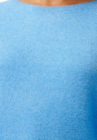 Jasnoniebieski sweter z miękkim, teksturowanym splotem, klasycznym okrągłym dekoltem i gładkim wykończeniem, odpowiedni do noszenia warstwowego lub na co dzień.