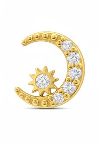 Orecchino a forma di mezzaluna d'oro con un motivo solare, adornato con sei gemme rotonde e trasparenti e piccoli dettagli sferici lungo il bordo.